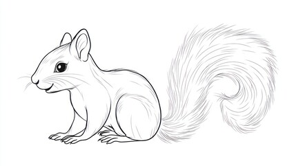 Fototapeta premium Cute squirrel sketch. Detailed line drawing of a small squirrel, profile view, showing its bushy tail and facial features