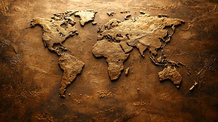 World Map Relief on Gold-toned Surface
