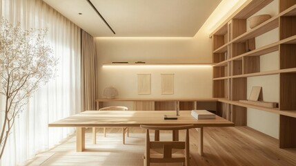 Fototapeta premium A simple workspace with a wooden desk, neutral tones, and natural light