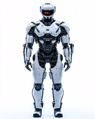 Futuristic White Robot Standing on White Background Stock Photo