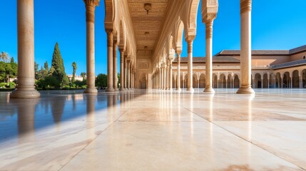 Sun-drenched colonnaded courtyard, reflecting polished stone