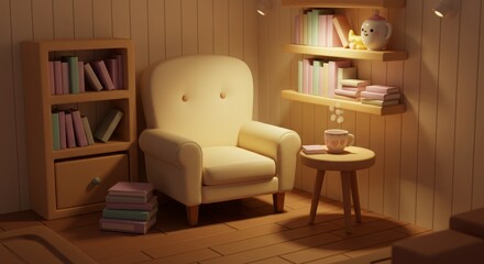 Cozy armchair, books, & warm drink. Perfect evening.