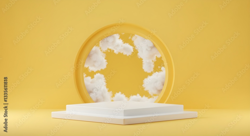 Poster 3d render, abstract minimal yellow background with white clouds flying out the tunnel. abstract sunn