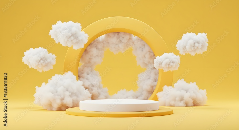 Poster 3d render, abstract minimal yellow background with white clouds flying out the tunnel. abstract sunn