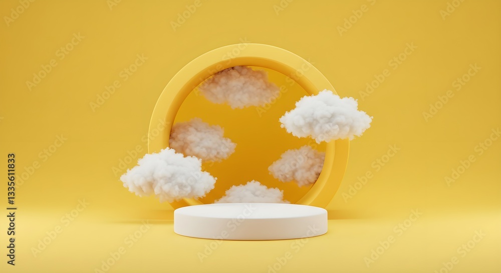 Poster 3d render, abstract minimal yellow background with white clouds flying out the tunnel. abstract sunn