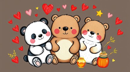 Fototapeta premium Cartoon bears and a panda sit together against a brown background surrounded by colorful hearts and stars conveying warmth and joy of friendship
