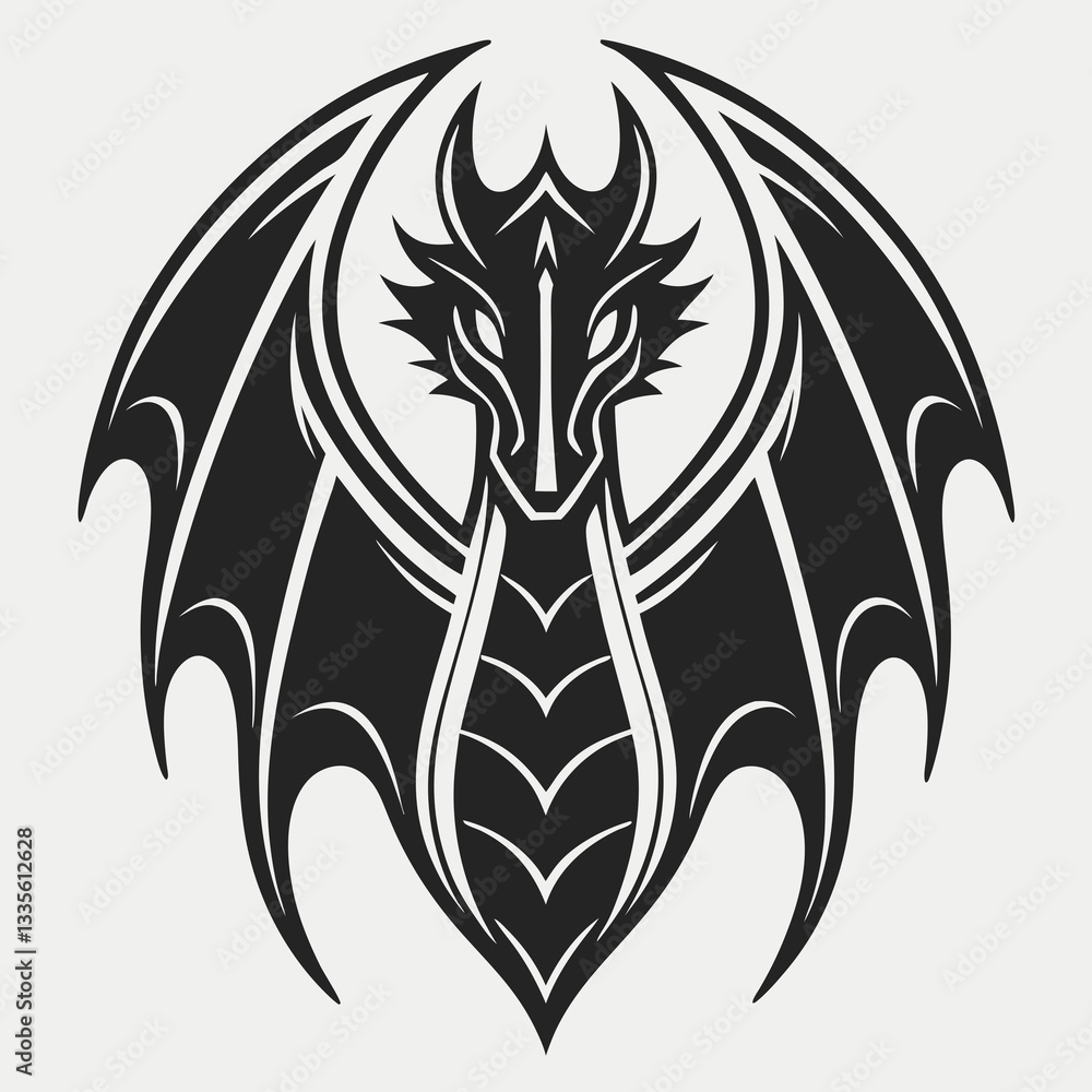 Poster Black and White Vector Silhouette of a Dragon Design With Intricate Detailing and Sharp Features Generative AI