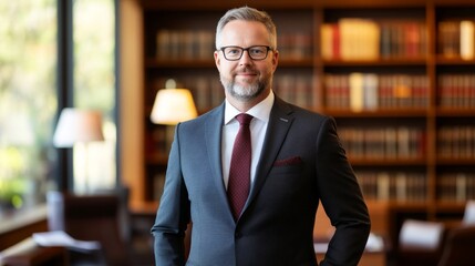 Fototapeta premium Confident lawyer in a suit exudes professionalism and authority in a modern office setting. 