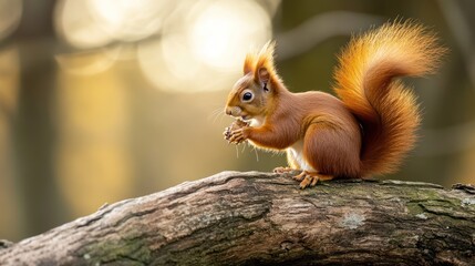 Obraz premium Red Squirrel Eating Nut on Branch
