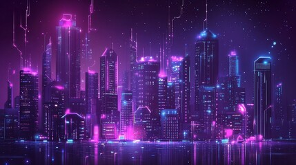 Fototapeta premium Futuristic Cyberpunk Cityscape with Neon Lights and Digital Connections