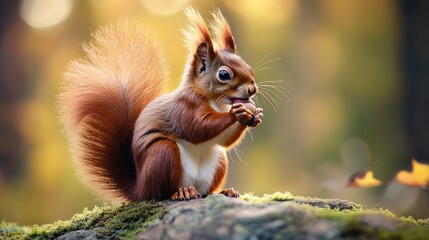 Obraz premium Red squirrel eating a nut in autumnal forest