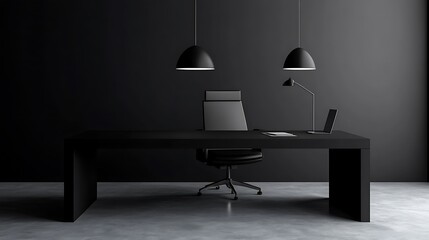 Monochromatic Modern Office Interior Design: Sleek Black Desk, Chair, and Lighting