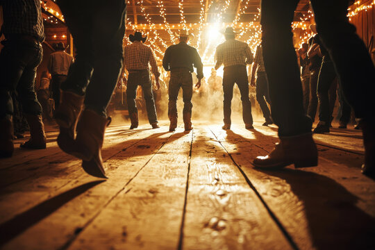 Cowboys line dancing in a rustic barn under string lights