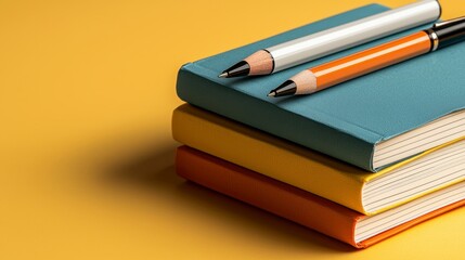 Fototapeta premium Stack of Colorful Notebooks with Pens on Yellow Background