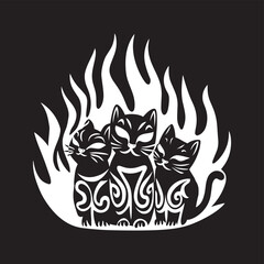 Three stylized cats depicted in a fiery artistic monochrome design