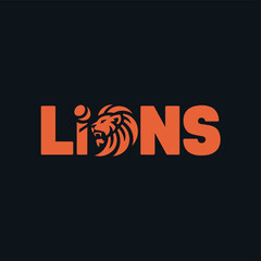 A bold orange lion symbol integrated into the word lions on dark background © Devynee Studio
