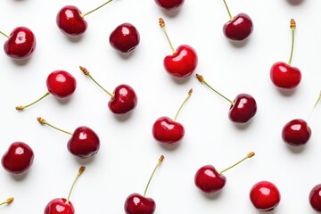 Fresh red cherries arranged on white background for seasonal delight