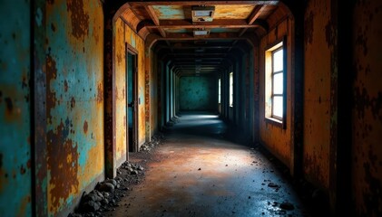 Rusty, corroded metal cell interior, dark shadows , horror, dark metal