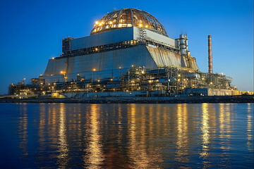 Industrial facility at dusk reflecting on water, showcasing lights and structures