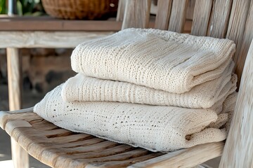 Stacked Knitted Blankets on Rustic Wooden Chair