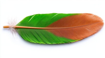 Vibrant Green And Brown Bird Feather Close up On White Background