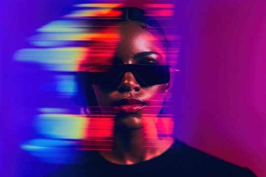 Girl's portrait with a glitched error effect overlay. Blurred woman face. Moder poster design in bold colors. Fashion, music, youth, y2k.