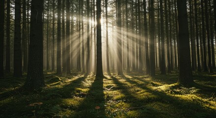 Fototapeta premium Sunbeams illuminate a mystical forest.