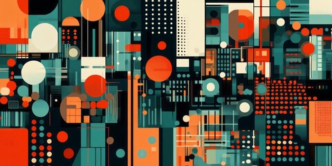 Abstract geometric composition featuring circles squares and linear elements