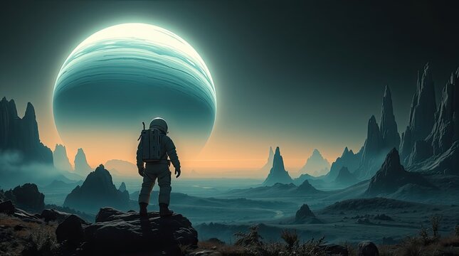 A solitary astronaut stands on rugged terrain looking up at a massive planet in a twilight sky filled with vibrant hues and distant mountains