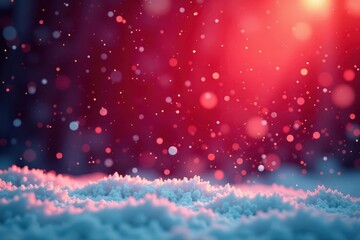 Subtle snow flurries drift across a deep red, softly lit scene, serene, delicate