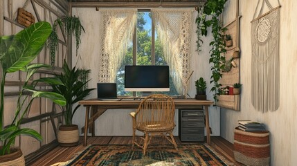 A boho-chic workspace with rattan furniture, plants, and macramé decor