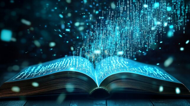 Unlocking Digital Knowledge: Open Book with Flowing Binary Code