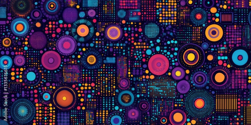 Poster vibrant circles and squares form a mesmerizing digital pattern