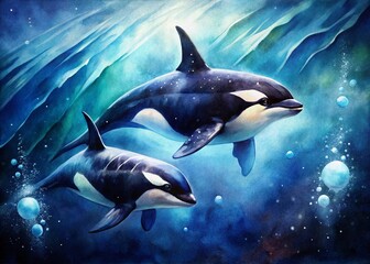 Fototapeta premium Watercolor Killer Whales Ocean Night Low Light Painting