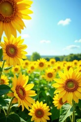Fototapeta premium Vibrant yellow sunflowers fill frame, sunny day , floral design, backdrop