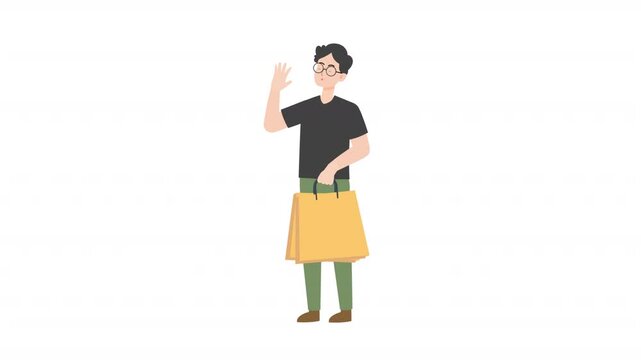 video man standing holding shopping bag sign cartoon animation
