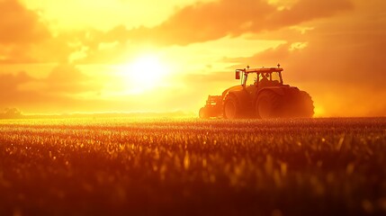 Fototapeta premium A tractor is plowing a field during a beautiful sunset