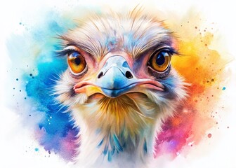Watercolor Ostrich Hand-Painted Illustration, Isolated Bird Portrait, Artistic Wildlife Painting, White Background