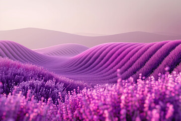 Fototapeta premium Stunning French lavender fields stretch across rolling hills, showcasing vibrant purple hues and gentle gradients. A minimalist backdrop emphasizes the serene beauty, inviting a calming atmosphere
