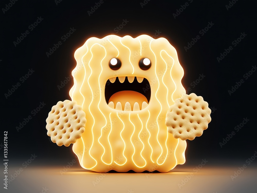 Poster a whimsical, glowing creature with an expressive face and textured arms in a dark setting