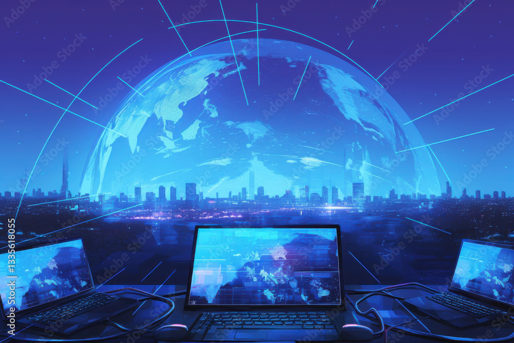 Aufkleber a computer monitor displays a blue globe with cities on it