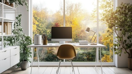 A home office with a large window overlooking a scenic natural landscape