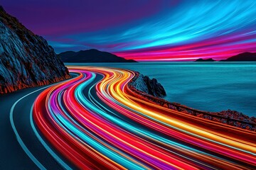 Vibrant Long Exposure Light Trails on Curvy Coastal Road at Dusk with Purple and Pink Sky