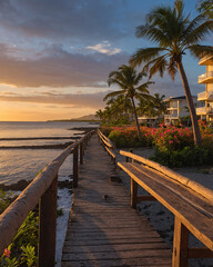 Obraz premium Tropical beach with pedestrian path flowers coconut trees and calm water under the golden sunset aesthetic wallpaper landscape photography