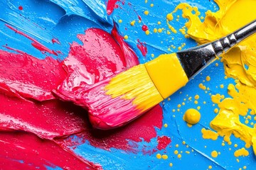 Obraz premium Vibrant Pink, Blue, and Yellow Paint Palette with Paintbrush