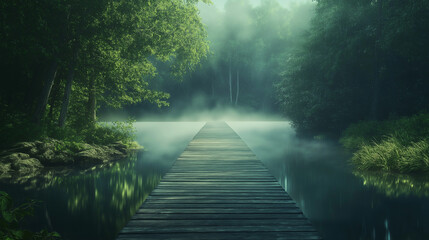 A serene misty landscape with a wooden bridge and lush greenery