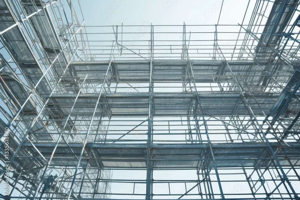 Poster a large building with scaffolding and a clear blue sky in the background