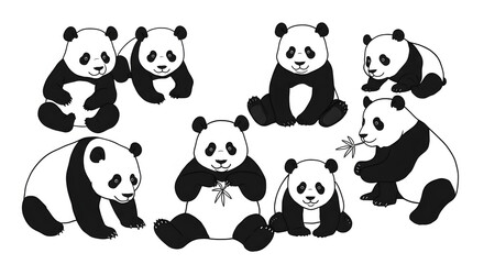 Panda illustrations showcasing various sizes and postures in a playful and artistic style