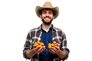 Cheerful man in cowboy hat joyfully holds crispy fried chicken nuggets, isolated on white background. Perfect for food ads, lifestyle, and western themes. Isolated on transparent background.
