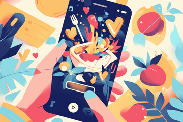 A person is holding a cell phone and looking at a picture of a bowl of food